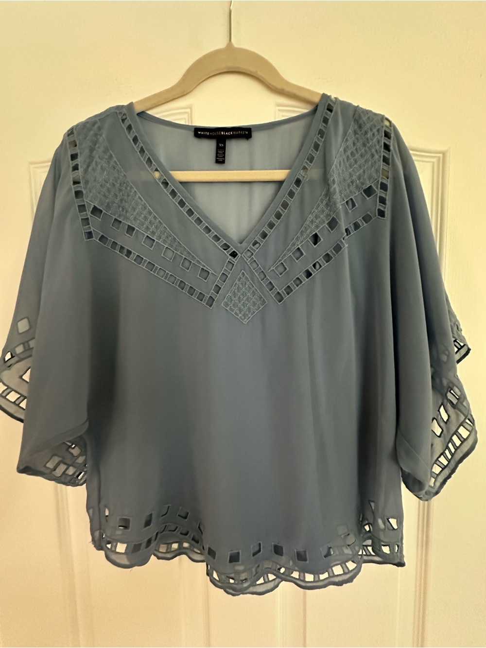 White House Black Market NWOT Dusty Blue Laser-Cut V-Neck Blouse